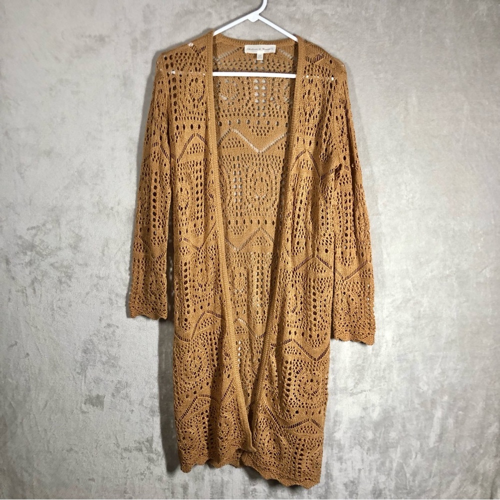 Crochet Open Front Duster Cardigan Size S Brown Neutral 90s Hippie Granola Artsy